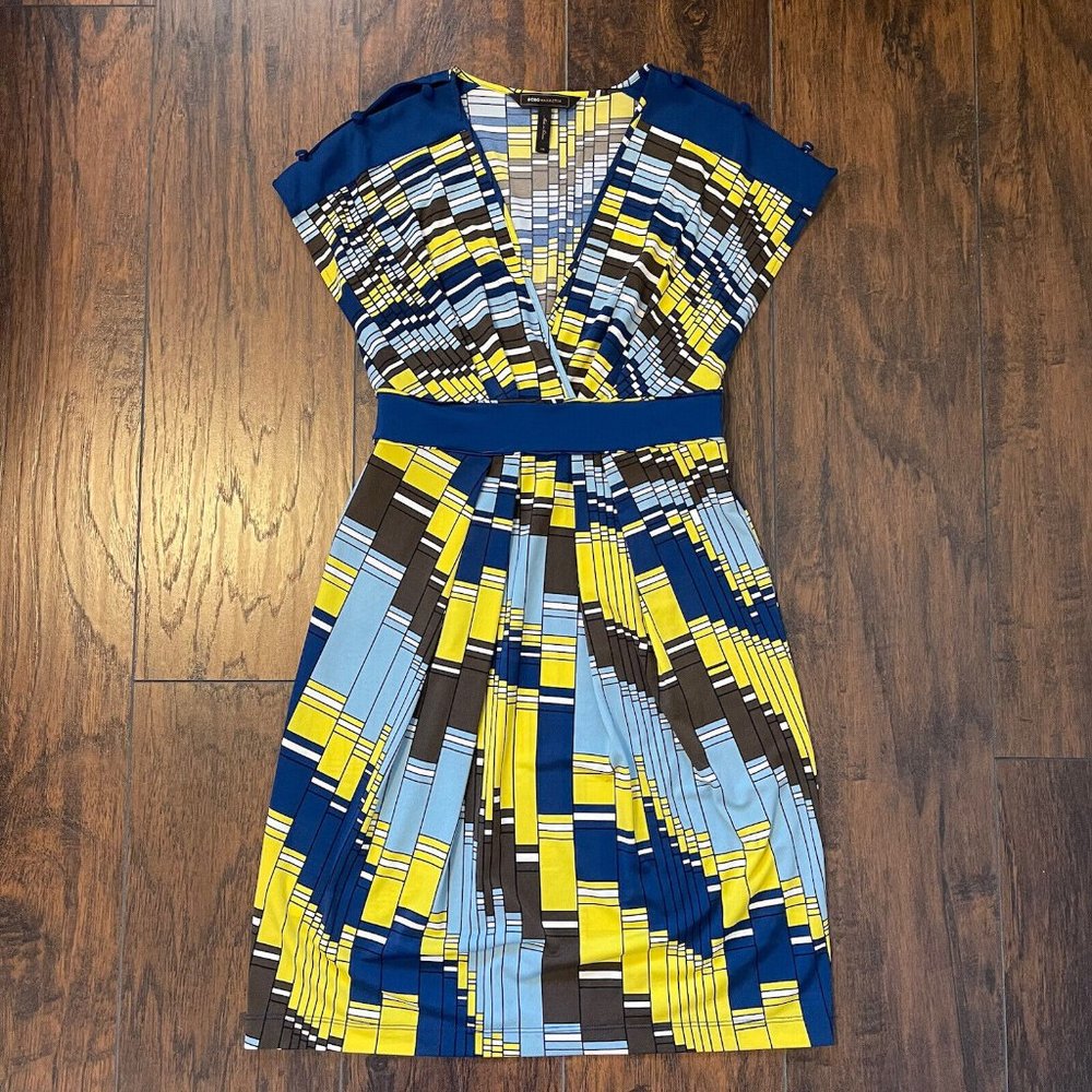 BCBG Maxazria Blue Yellow Multicolor Geometric Jersey V Neck Dress Size XS